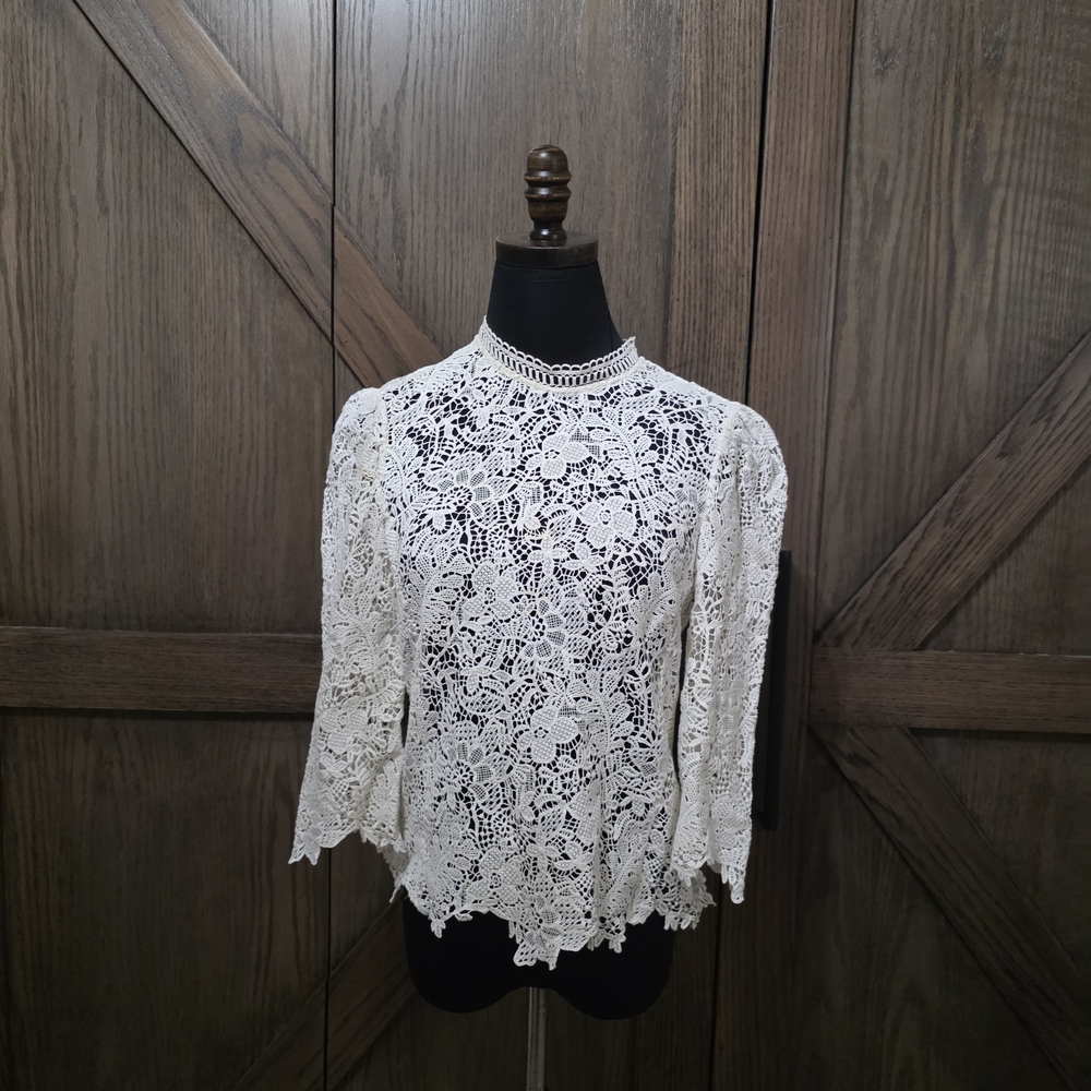 LAST CHANCE Rebecca Taylor Ivory Floral Lace High-Neck Blouse